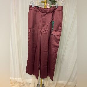 DKNY Dark Pink Wide Leg Dress Pants Size 12 NWT Satin Cargo Trousers